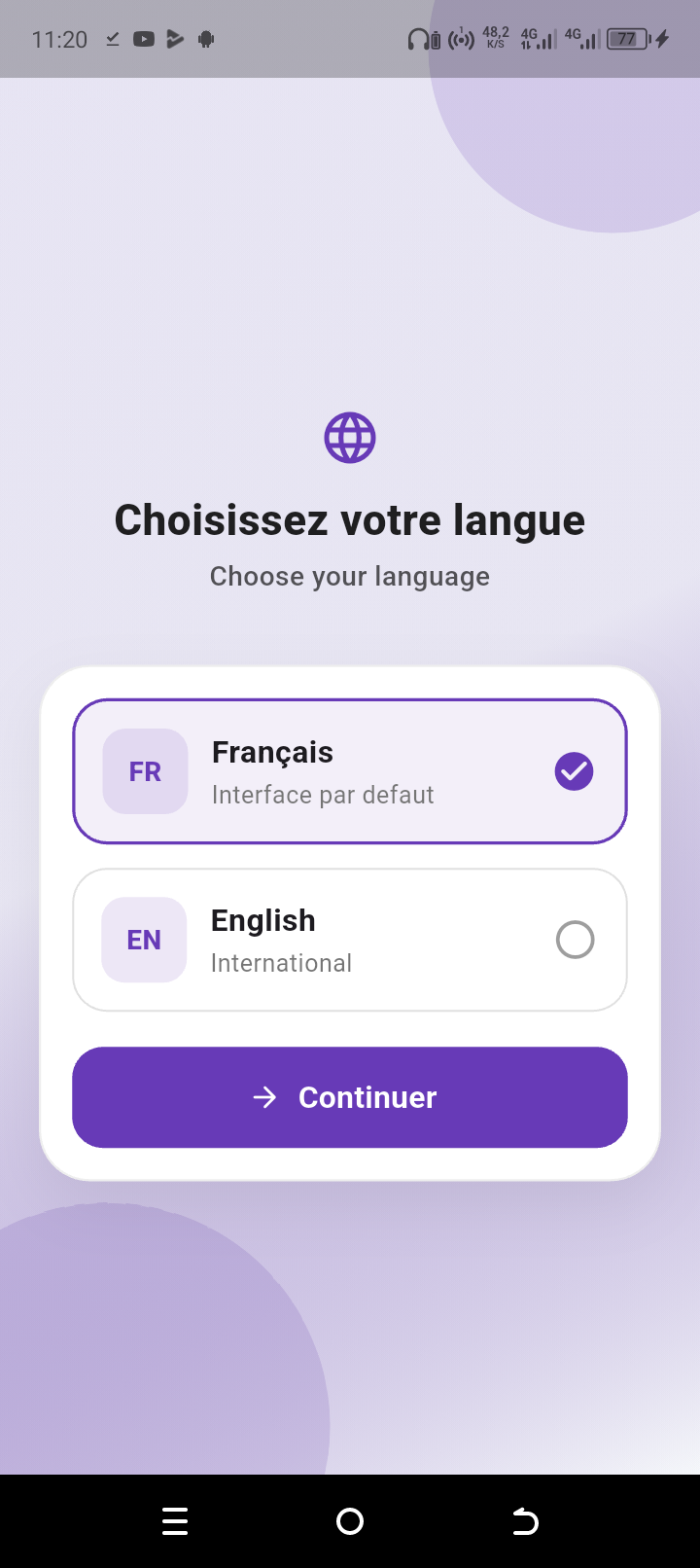 Écran KELASI pour choisir la langue au démarrage