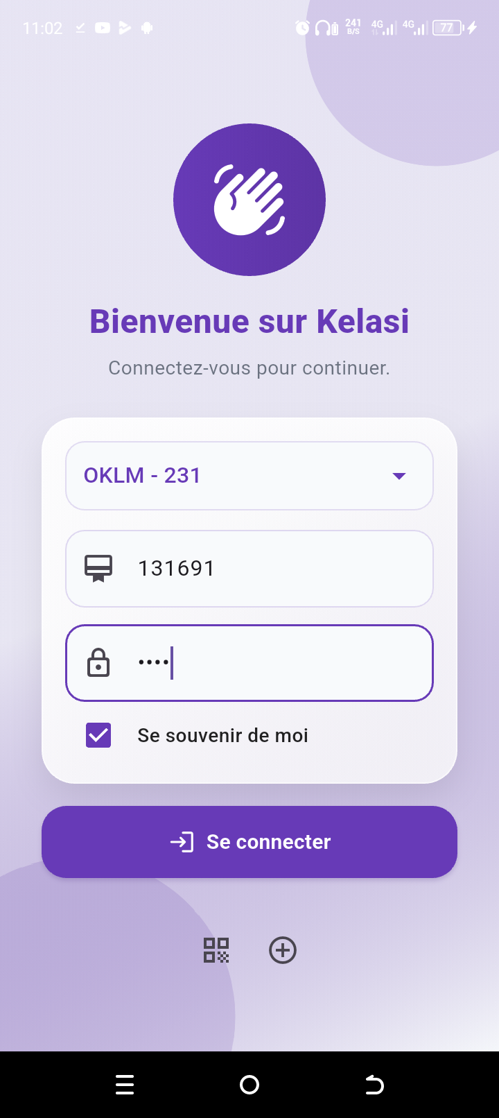 Écran de connexion utilisateur KELASI après chargement de l'école